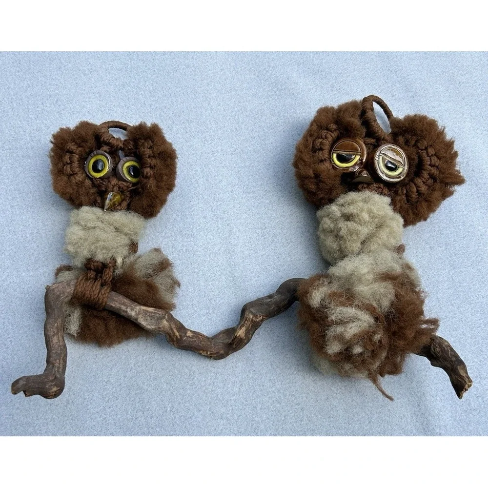 VTG Macrame Owls Perched on Wood Wall Hanging Wood Fluffy 70's MCM Brown